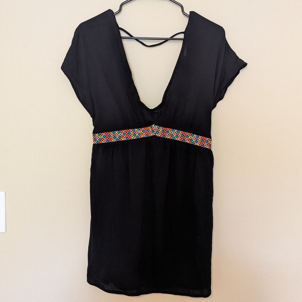 Xhilaration Black V Neck Dress With Open Back And Multi Color Waistband